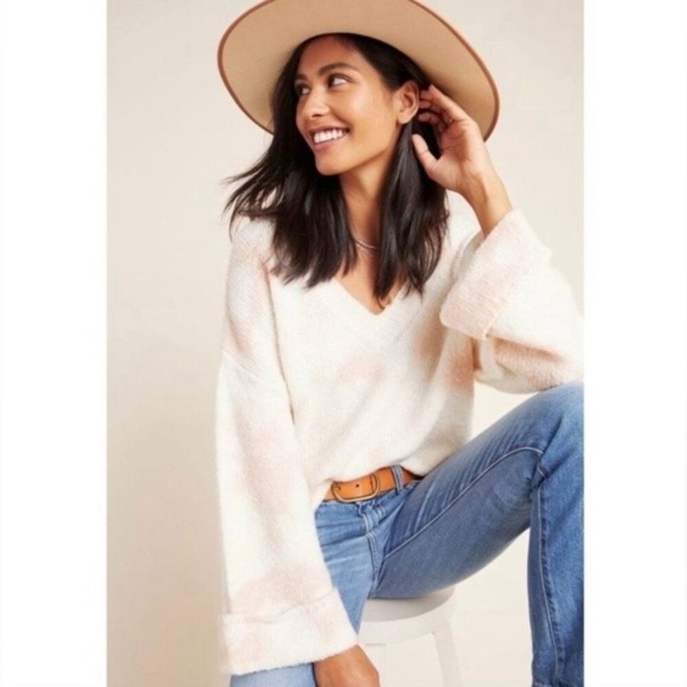 Anthropologie Women's Maggie Bell Sleeve Tie Dye‎ V Neck Crop Sweater Cream XSP